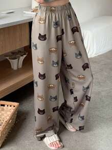 DAZY 可爱卡通猫咪印花宽松睡裤，秋冬款 - 卡其色 - 查看 4