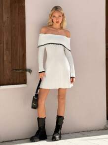 SHEIN EZwear Váy len ren viền tương phản hở vai gấp gọn thanh lịch cho nữ - trắng - Xem 6