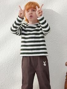 Blossori 年轻男孩优雅法式绿白条纹宽松针织圆领长袖 T 恤，秋冬 - 彩色 - 查看 3