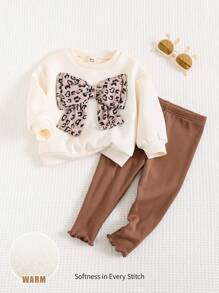 Cozy Pixies 2 pezzi/set Felpa girocollo a maniche lunghe con decorazione fiocco e stampa leopardata e pantaloni a vita elastica tinta unita, per ragazze, autunno/inverno
