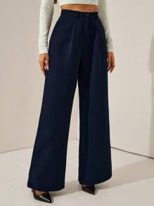 EURMUSE Women's Solid Color High Waist Front Pleated Suit Pant - Navy Blue - View 1