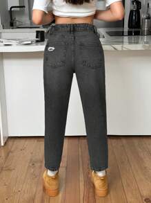 EURMUSE Jeans casuales y versátiles de cintura alta, rasgados y de unicolor con bolsillos para mujeres - Gris Oscuro - Ver 2