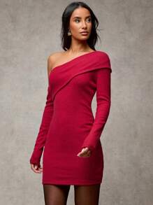 SHEIN BAE Women Burgundy Thick Sweater Asymmetric Collar Long Sleeve Ribbed Mini Red Dress,Christmas Party Women Dress,New Year Eve Dress,Family Christmas Outfits,Holiday Dress,Christmas Party Dress,Winter Clothes - Burgundy - View 5