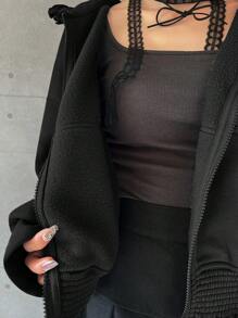 FRIFUL Sudadera con capucha y volantes de ajuste holgado para mujer, para otoño e invierno - Negro - Ver 5