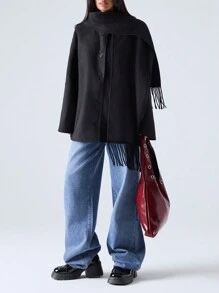 LYSMO Women Casual Minimalist Solid Color Scarf Collar Long Coat For Autumn/Winter Cape Jacketcape Coat - Black - View 4