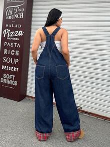 SHEIN ICON Combinaison cargo utilitaire à carreaux de couleur contrastée, effet délavé, sans stretch, pour la mode de rue décontractée, tailles grandes, pour l'été