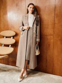 MOTF PREMIUM FAUX PEARL GRAPHIC PATTERN LAPEL COLLAR LONG OVERCOAT - Brown - View 2