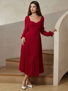 Chiquease Váy dài tay xếp ly eo kiểu Pháp, thiết kế tôn dáng, cạp cao, dự tiệc sinh nhật trang trọng - Đỏ - Xem 6