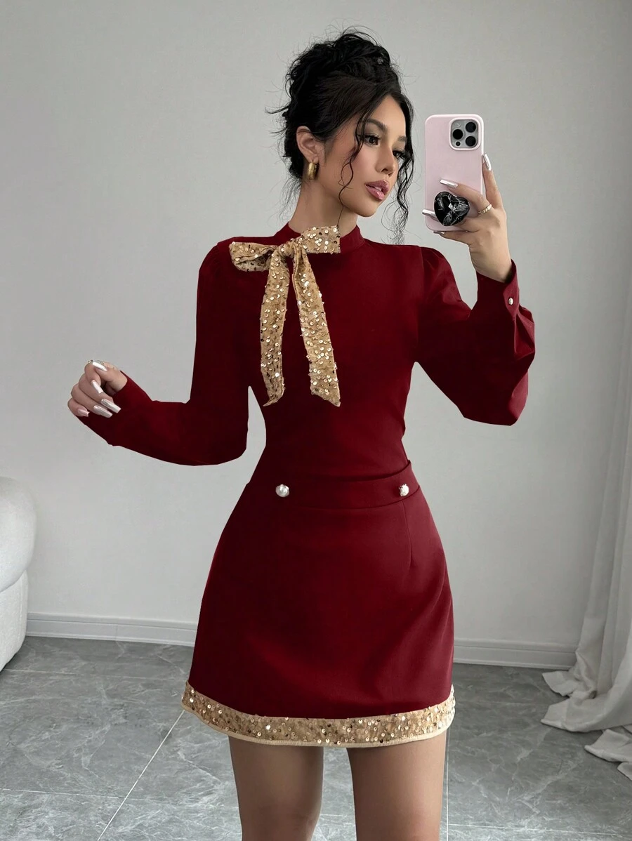 Elenzga 2 Stücke/Set Damen Herbst elegantes Langarm-Top & Rock Set mit Pailletten Verzierung