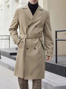 Manfinity VCAY Men's Slim Fit Casual Long Thermal Lined Trench Coat, Suitable For Autumn/Winter, Going Out Fashion Khaki Trench Coat, For Friends, Husband, Boyfriend Gifts