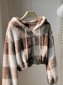 Muchica 女式休闲拼色格子抽绳连帽常规夹克，秋冬 - 卡其色 - 查看 5