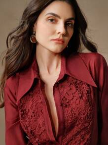 Anewsta Women's Elegant Lace Floral Applique Collar See-Through Loose Casual Shirt Blouse - Redwood - View 2