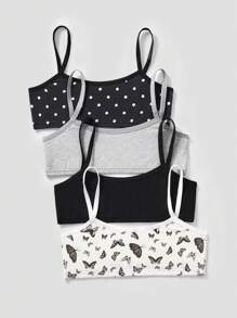 SHEIN 4 件套 Tween 女童简约舒适复古蝴蝶和波尔卡圆点图案柔软亲肤儿童/学生内衣套装