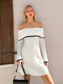 SHEIN EZwear Váy len ren viền tương phản hở vai gấp gọn thanh lịch cho nữ - trắng - Xem 4