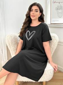 Plus Size Simple Heart Print Round Neck Short Sleeve Nightdress, Moo Moo Sleep Dress - Black - View 4