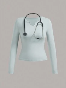 TaskEZ Plain Notched Neck Long Sleeve Scrub Uniform Top - Multicolor - View 12