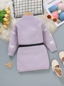 Girls' Casual Cute Heart Pattern Khaki Long Sleeve Sweater Dress - Dusty Purple - View 2