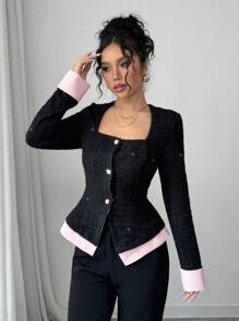 Elenzga Elegant Square Collar Color Block Single Breasted Long Sleeve Jacket For Women - Black - View 6