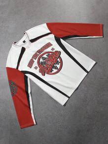 Manfinity EMRG 1pc Men's Color Block Patchwork Long Sleeve Letter Print Minimalist Casual Pullover Sweatshirt V Neck Street Wear Colorful Graphic Long Sleeve Sweatshirt, For Friends, Husband, Boyfriend Gifts - Multicolor - View 1