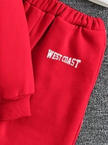 SHEIN EZwear 3pcs/Set Women Casual Street Style Letter Print High-Low Hem Hoodie, Stand Collar Tank Top And Sweatpants - Red - View 3