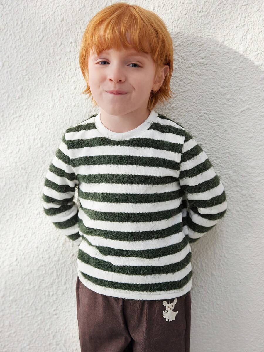 Blossori 年轻男孩优雅法式绿白条纹宽松针织圆领长袖 T 恤，秋冬 - 彩色 - 查看 1