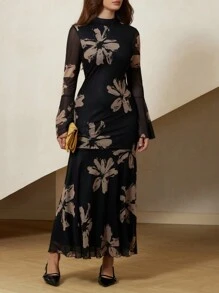 Revavyn Váy bó sát màu đen họa tiết hoa phong cách Pháp thanh lịch có tay loe và chi tiết lưới dành cho nữ thanh lịch - Nhiều màu - Xem 4