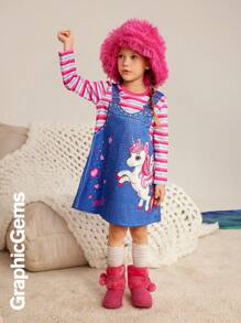 条纹圆领长袖独角兽印花宽松休闲连衣裙，适合年轻女孩