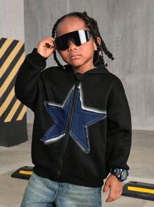 SHEIN Explorewe 年轻男孩韩版休闲必备拼接牛仔效果五角星拉链连帽运动衫，适合秋季、冬季、日常穿着、居家、校园、街头，适合兄弟 - 白色 - 查看 1