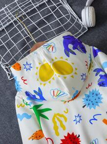 SHEIN 2 件套年轻女孩卡通创意图案柔软连帽拉链夹克 + 休闲裤套装，适合儿童春秋季户外运动和玩耍 - 杏色 - 查看 6