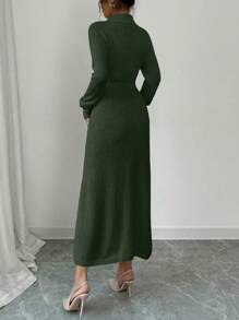 Chiquease Women Long Sleeve Solid Color Button Half Placket Maxi Elegant Sweater Dress, Autumn/Winter - Army Green - View 2