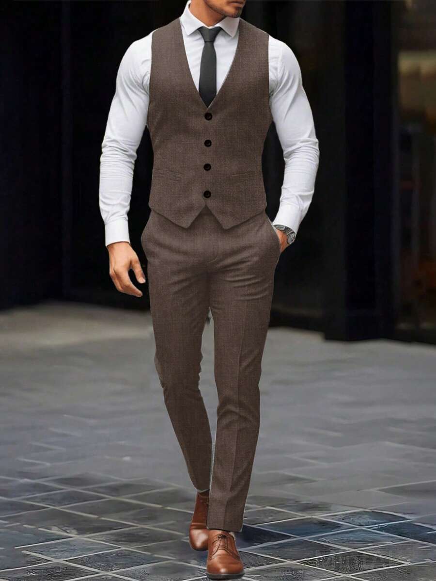 Manfinity Mode Men's Single-Breasted Vest And Pants Business Suit Set For Daily Commute, Autumn - Brown - View 1