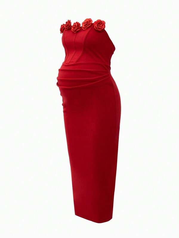 Modmama Ziua Îndrăgostiților Rochie midi roșie 3D cu volan, rochie de nuntă de toamnă, rochie pentru întoarcere la școală, ținută brunch, rochie elegantă, rochie de toamnă/iarnă, ținută de concert, Halloween, ceai, Crăciun, îmbrăcăminte de afaceri, rochie de Ziua Recunoștinței, rochie de petrecere, Rochie de Maternitate