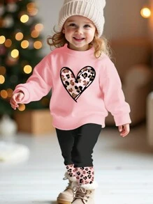 SHEIN 2pcs Casual Set For Young Girls: Heart Leopard Print Thick Crew Neck Long Sleeve Sweatshirt And Leggings, Suitable For Autumn/Winter
