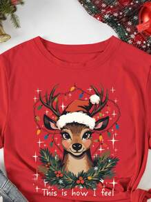 INAWLY Women's Christmas Deer Graphic Casual Round Neck Short Sleeve T-Shirt Graphic Tees Women Tops - Red - View 6