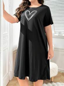 Plus Size Simple Heart Print Round Neck Short Sleeve Nightdress, Moo Moo Sleep Dress - Black - View 3