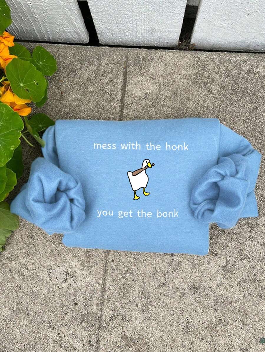 SHEIN EZwear 女士圆领蓝色字母印花宽松休闲运动衫 - 藍色 - 查看 1