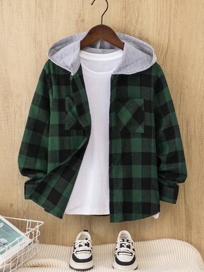 1 件 Tween Boy 牛津休闲日常舒适海军蓝和黑色格子连帽宽松长袖衬衫，适合外出、学校、聚会、秋冬、圣诞节、冬季