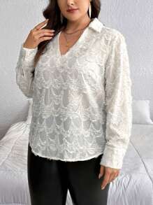 SHEIN Privé 大码女士优雅通勤衬衫，V 领修身长袖蕾丝镂空设计，杏色 - 杏色 - 查看 7