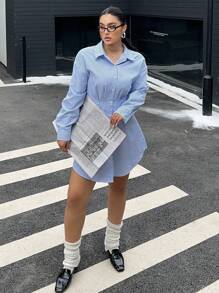 Flirla 休闲条纹腰部荷叶边收腰长袖迷你连衣裙 - 藍色 - 查看 7