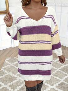 Calvaya Plus Size Casual Colorblock Striped Drop Shoulder Sweater, Autumn/Winter Knit Pullover Fall - Purple - View 1