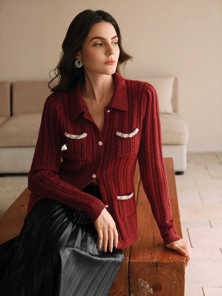 Elegant Classic Polo Collar Pearl Embellished Knit Trim Fitted Warm T-Shirt Knit Top Cardigan