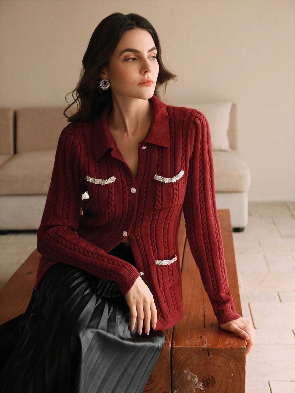 Elegant Classic Polo Collar Pearl Embellished Knit Trim Fitted Warm T-Shirt Knit Top Cardigan