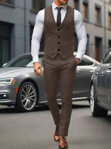Manfinity Mode Men's Single-Breasted Vest And Pants Business Suit Set For Daily Commute, Autumn - Brown - View 3