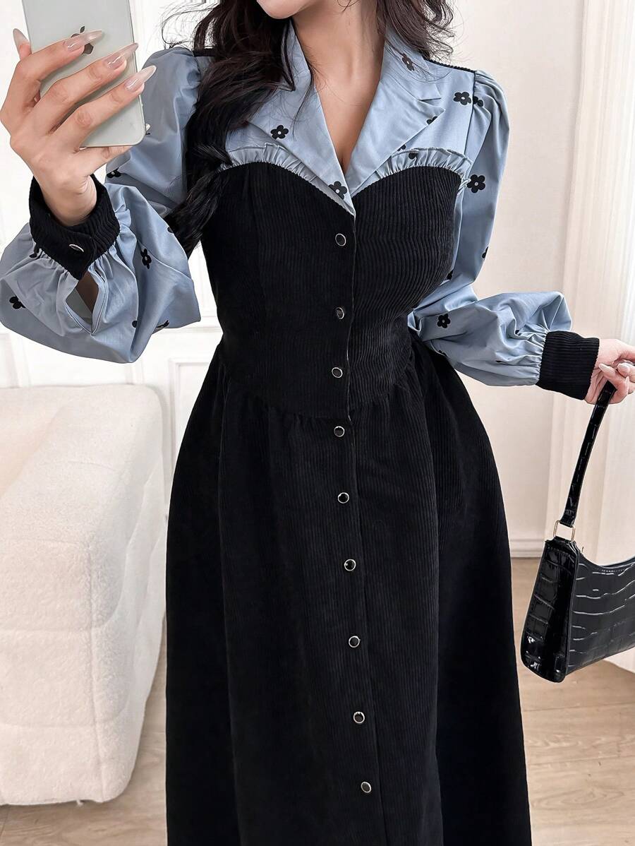 Feyla 女士秋季花卉拼布翻领单排扣连衣裙长款晚礼服 - 黑色 - 查看 1