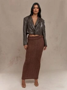 MISSGUIDED Toweling Ribbed Textured Flap Waistband Bodycon Maxi Skirt Winter Wear - Brown - View 4