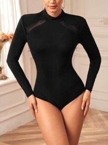 Dé Johnea Bianca Bodytsuit de manga larga con cortes, en malla brillante negra de diseñador, para salir, primavera, festivales - Negro - Ver 6