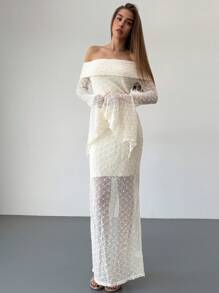 Aloruh Women's Off-Shoulder Textured Fabric Extra Long Flare Sleeve Elegant Knitted Dress, Autumn/Winter - Apricot - View 6