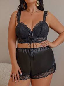 2pcs/Set Plus Size Women Fashion Lace Patchwork Lingerie Bra And Panty Set With Metal Rim - Black - View 4