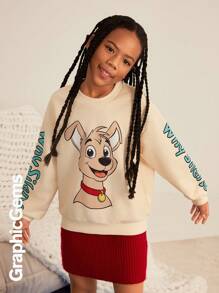 Tween Girl Cartoon Dog Print Round Neck Drop Shoulder Casual Sweatshirt, Autumn/Winter - Yellow - View 5