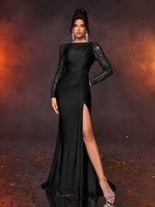 Glamrae Women's Elegant Luxurious Classic Blue Elastic Knit Fabric Spliced Sequins High Slit Flared Long Sleeve Fishtail Maxi Formal Evening Dress, Suitable For Banquet, Party And Important Occasions, Wedding Guest ,Gown Wedding Guest Dress - Elegant Floor Length Gown For Formal Occasion - Black - View 6